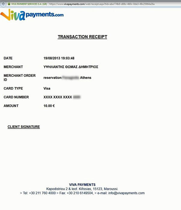 Viva Payment Transaction Receipt example